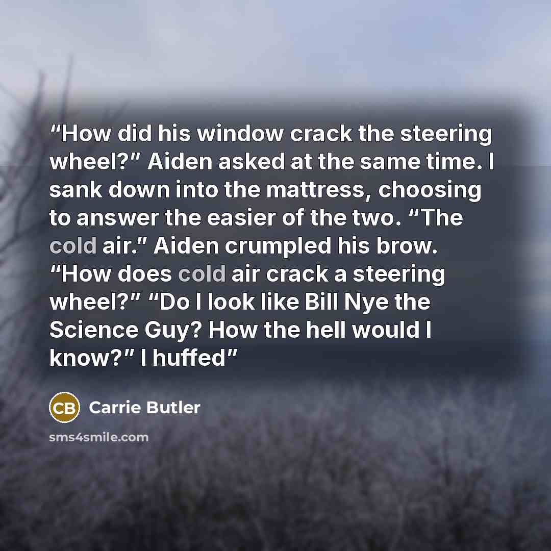 “How did his window crack the steering wheel?” Aiden asked at the same time. I sank down into the mattress, choosing to answer the easier of the two. “The cold air.” Aiden crumpled his brow. “How does cold air crack a steering wheel?” “Do I look like Bill Nye the Science Guy? How the hell would I…” quote by Carrie Butler
