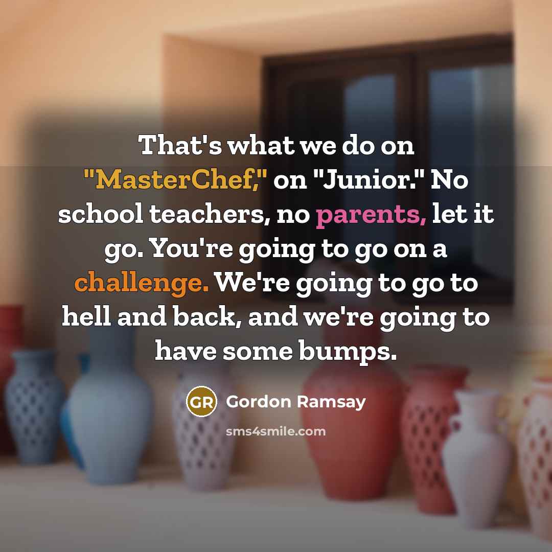 “That's what we do on "MasterChef," on "Junior." No school teachers, no parents, let it go. You're going to go on a challenge. We're going to go to hell and back, and we're going to have some bumps.” quote by Gordon Ramsay