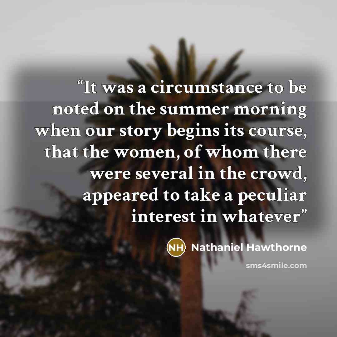 “It was a circumstance to be noted on the summer morning when our story begins its course, that the women, of whom there were several in the crowd, appeared to take a peculiar interest in whatever” quote by Nathaniel Hawthorne