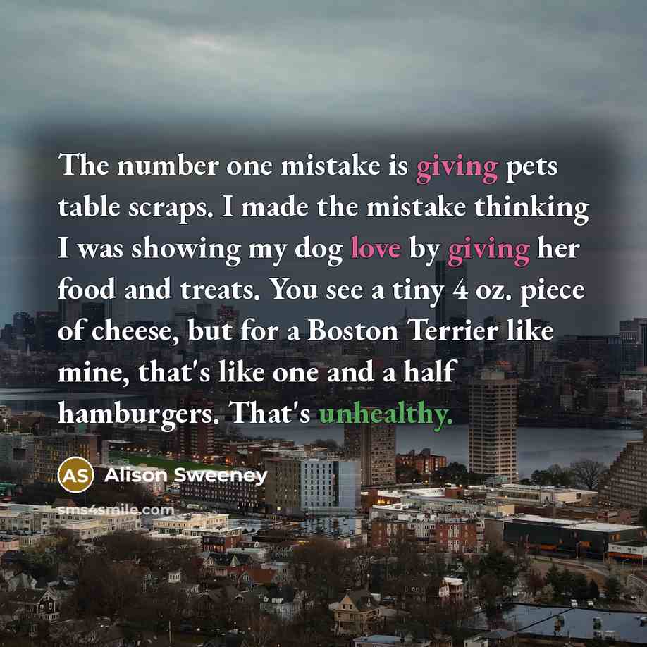 “The number one mistake is giving pets table scraps. I made the mistake thinking I was showing my dog love by giving her food and treats. You see a tiny 4 oz. piece of cheese, but for a Boston Terrier like mine, that's like one and a half hamburgers. That's unhealthy.” quote by Alison Sweeney