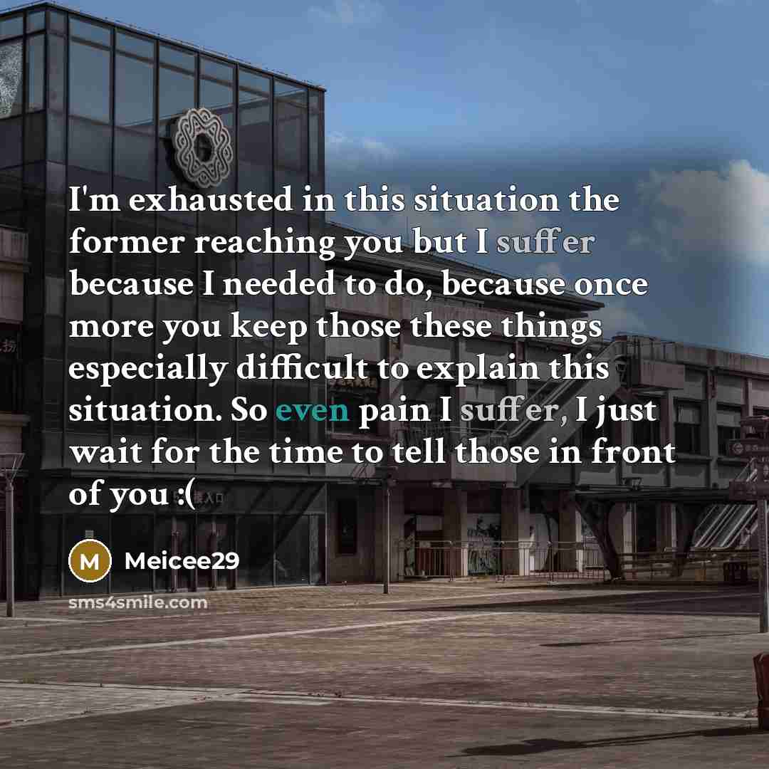 “I'm exhausted in this situation the former reaching you but I suffer because I needed to do, because once more you keep those these things especially difficult to explain this situation. So even pain I suffer, I just wait for the time to tell those in front of you :(” quote by Meicee29