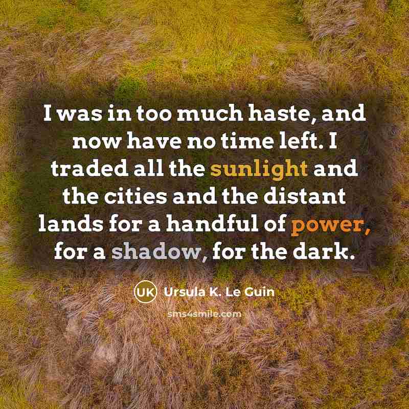 “I was in too much haste, and now have no time left. I traded all the sunlight and the cities and the distant lands for a handful of power, for a shadow, for the dark.” quote by Ursula K. Le Guin