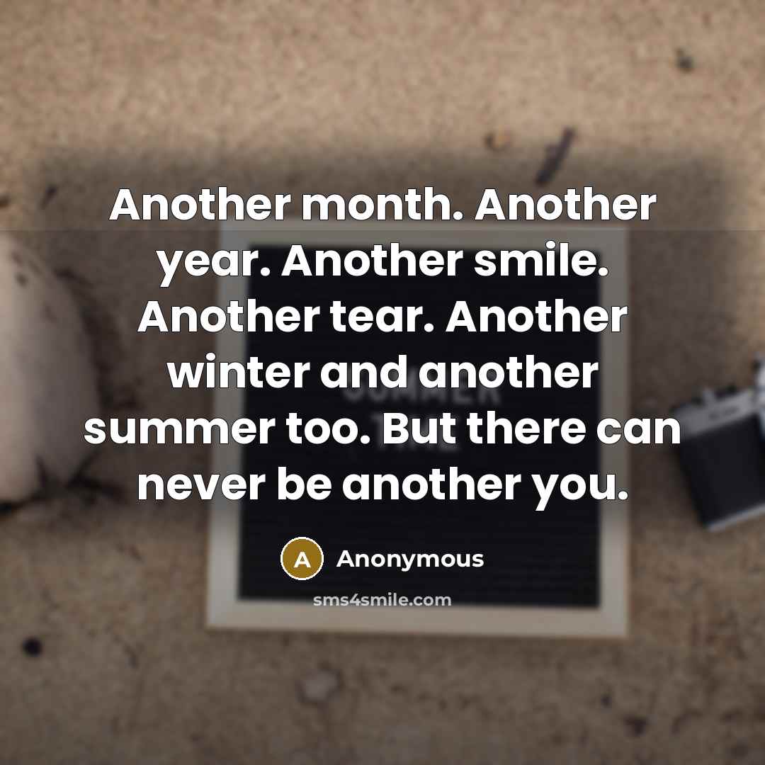 “Another month. Another year. Another smile. Another tear. Another winter and another summer too. But there can never be another you.” quote by Anonymous