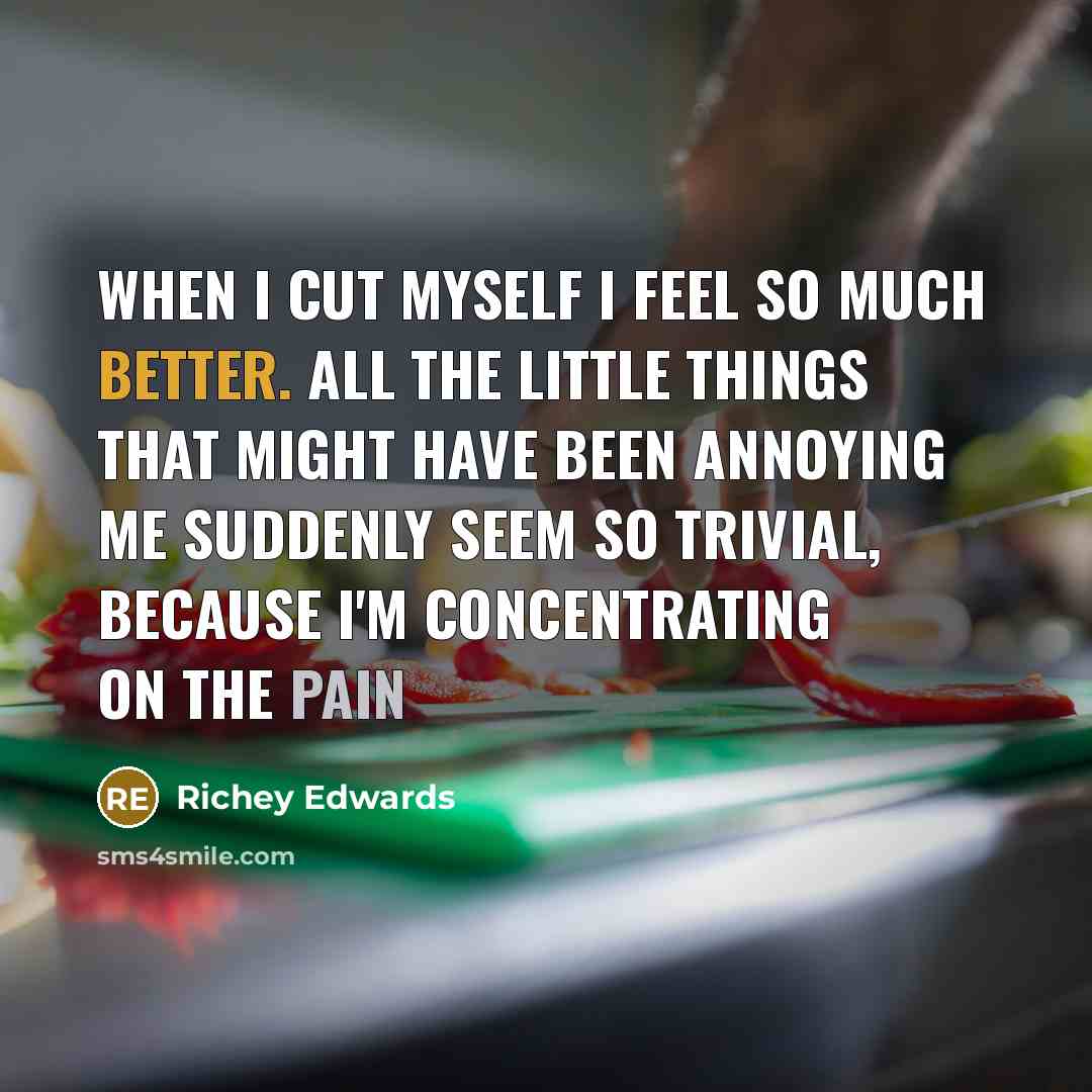 “When I cut myself I feel so much better. All the little things that might have been annoying me suddenly seem so trivial, because I'm concentrating on the pain” quote by Richey Edwards