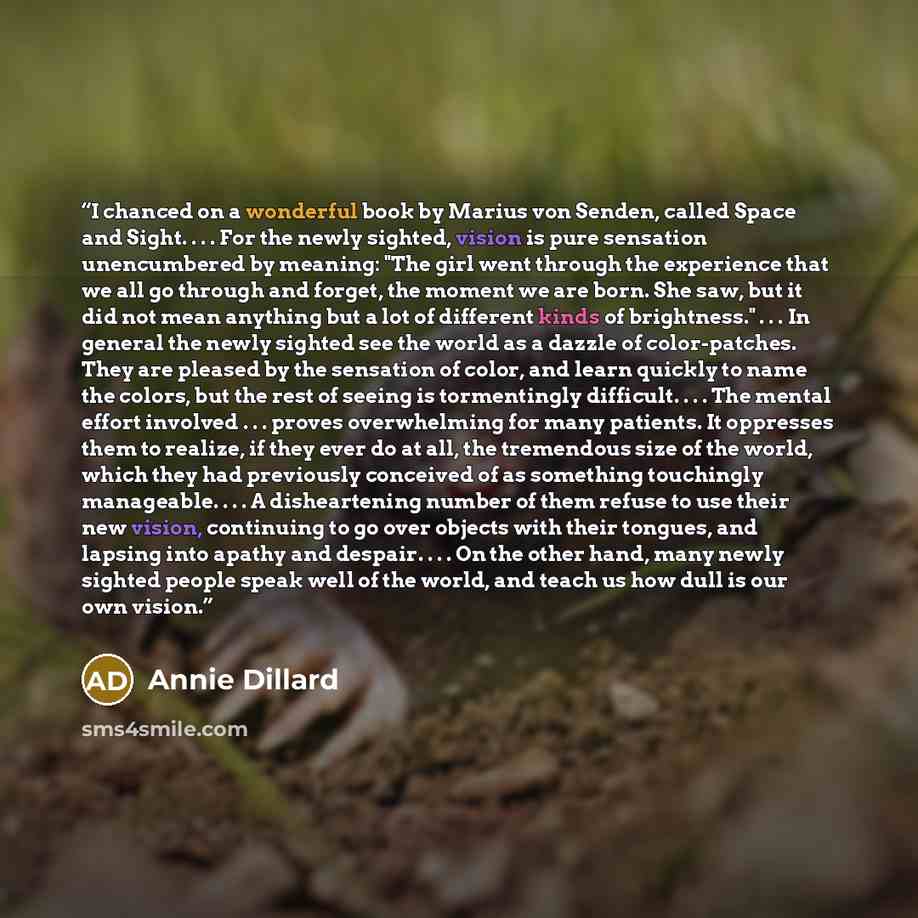 “I chanced on a wonderful book by Marius von Senden, called Space and Sight. . . . For the newly sighted, vision is pure sensation unencumbered by meaning: "The girl went through the experience that we all go through and forget, the moment we are born. She saw, but it did not mean anything but a…” quote by Annie Dillard