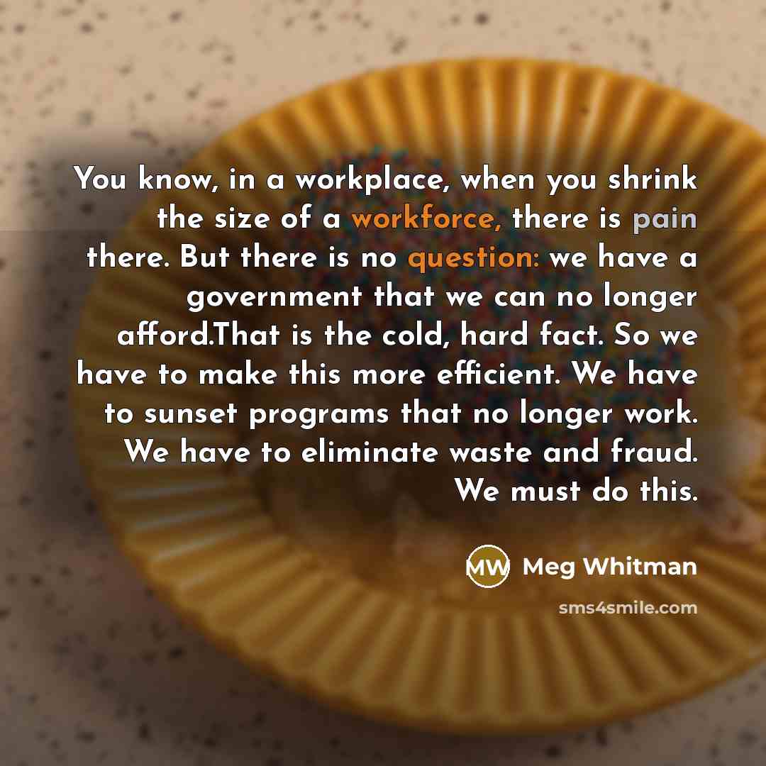“You know, in a workplace, when you shrink the size of a workforce, there is pain there. But there is no question: we have a government that we can no longer afford.That is the cold, hard fact. So we have to make this more efficient. We have to sunset programs that no longer work. We have to…” quote by Meg Whitman