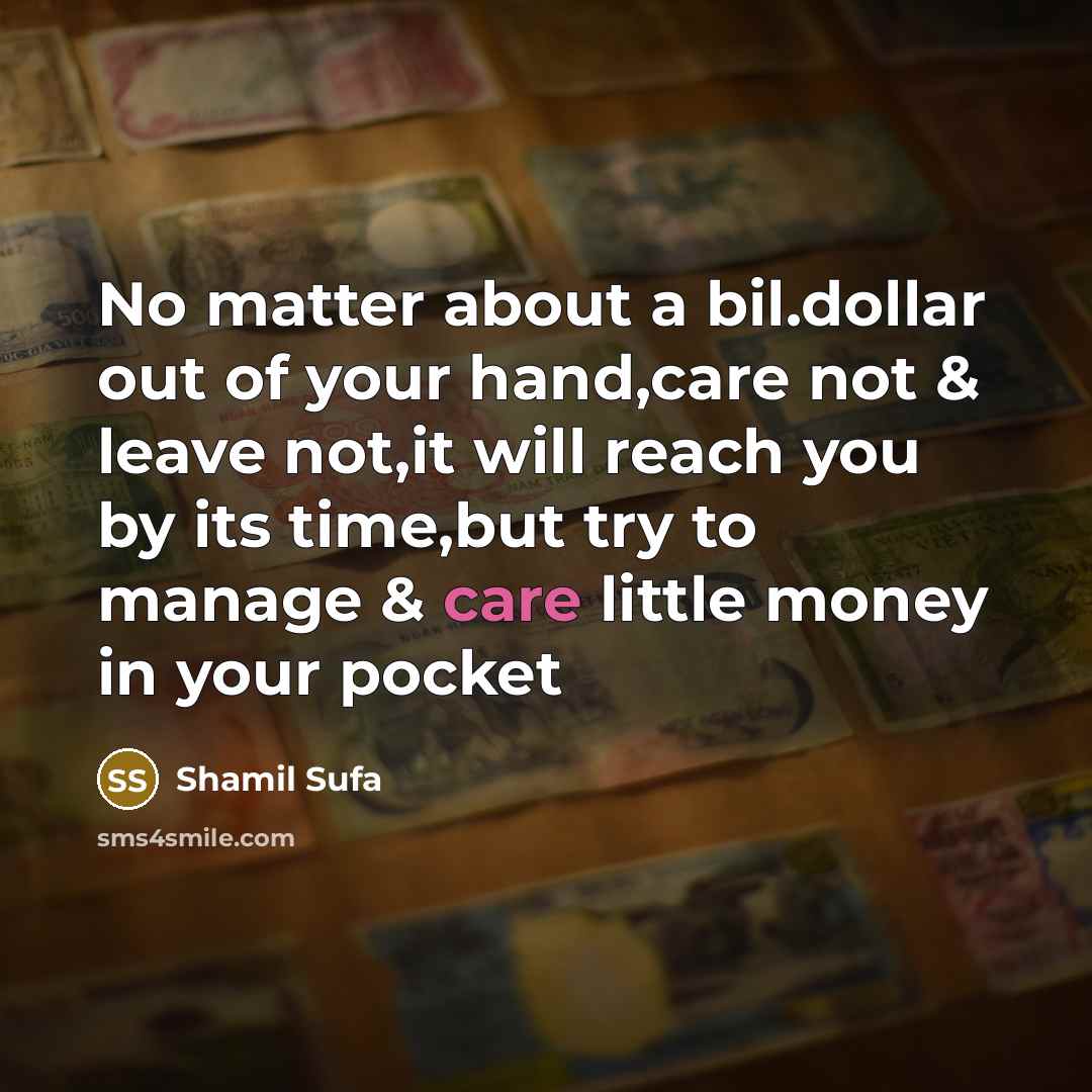 “No matter about a bil.dollar out of your hand,care not & leave not,it will reach you by its time,but try to manage & care little money in your pocket” quote by Shamil Sufa