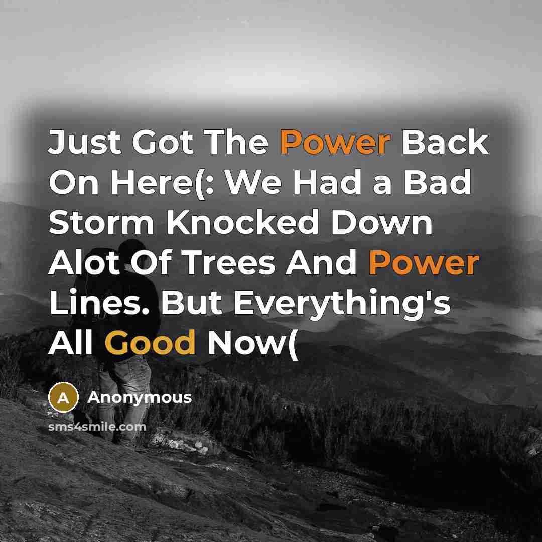 “Just Got The Power Back On Here(: We Had a Bad Storm Knocked Down Alot Of Trees And Power Lines. But Everything's All Good Now(” quote by Anonymous