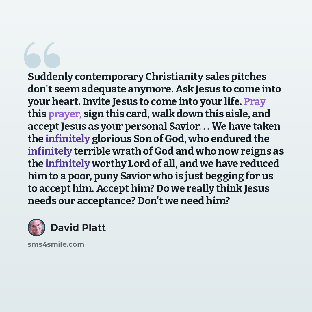 “Suddenly contemporary Christianity sales pitches don't seem adequate anymore. Ask Jesus to come into your heart. Invite Jesus to come into your life. Pray this prayer, sign this card, walk down this aisle, and accept Jesus as your personal Savior. . . We have taken the infinitely glorious Son of…” quote by David Platt