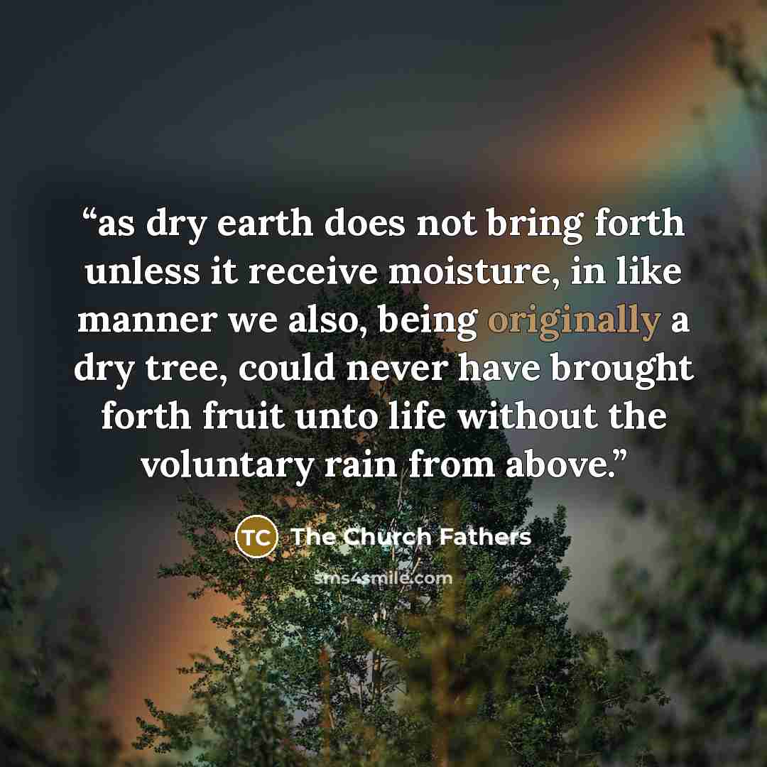 “as dry earth does not bring forth unless it receive moisture, in like manner we also, being originally a dry tree, could never have brought forth fruit unto life without the voluntary rain from above.” quote by The Church Fathers