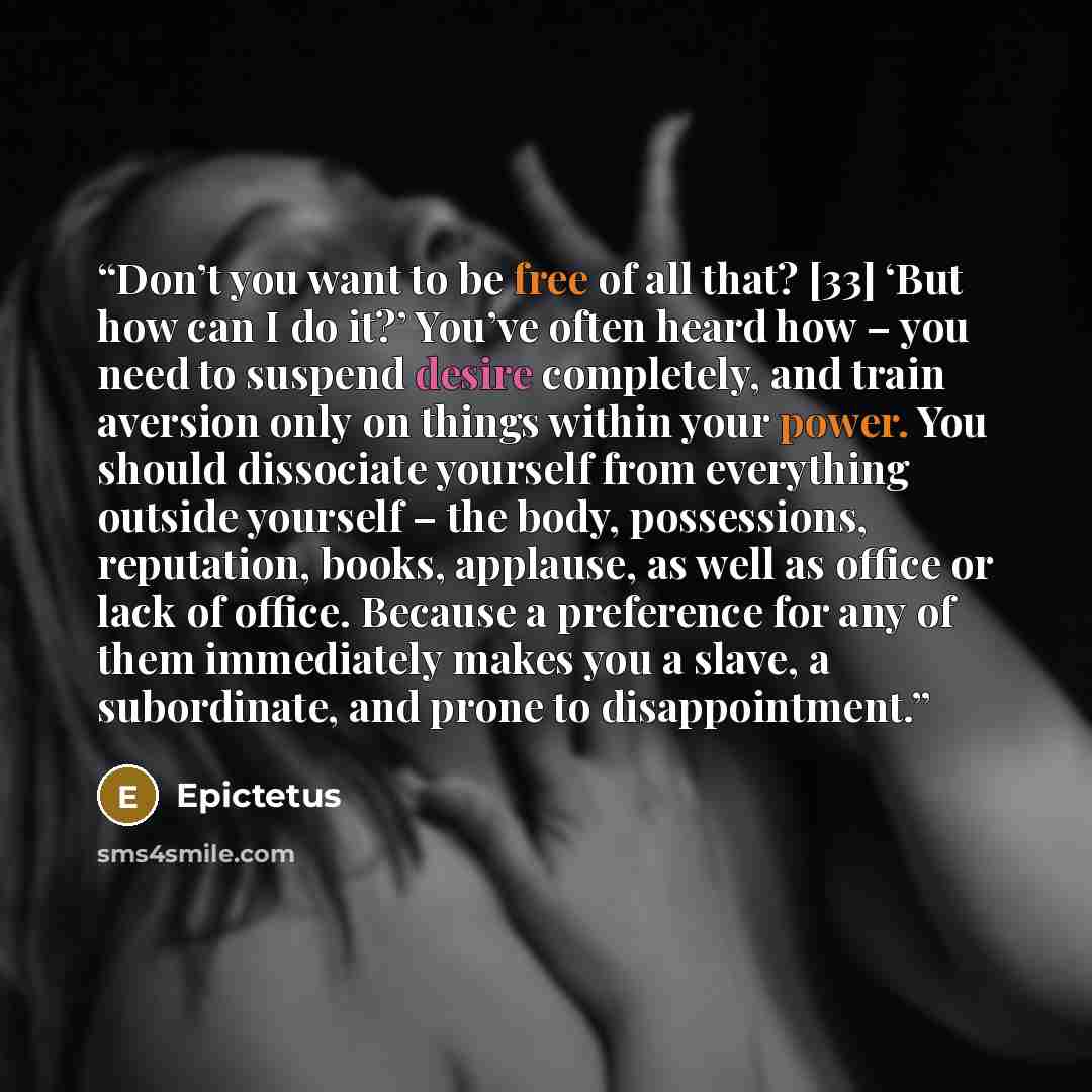 “Don’t you want to be free of all that? [33] ‘But how can I do it?’ You’ve often heard how – you need to suspend desire completely, and train aversion only on things within your power. You should dissociate yourself from everything outside yourself – the body, possessions, reputation, books…” quote by Epictetus