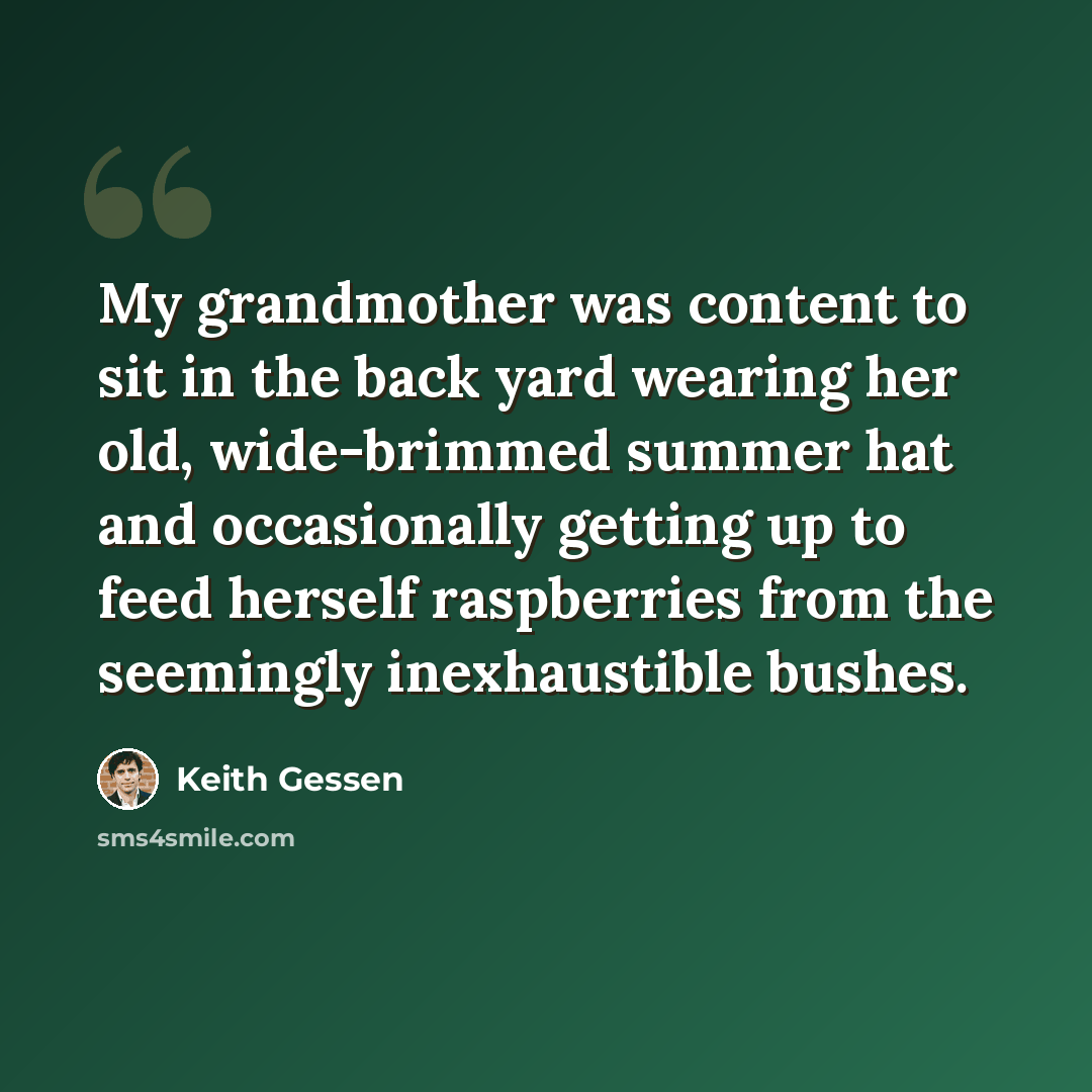 “My grandmother was content to sit in the back yard wearing her old, wide-brimmed summer hat and occasionally getting up to feed herself raspberries from the seemingly inexhaustible bushes.” quote by Keith Gessen