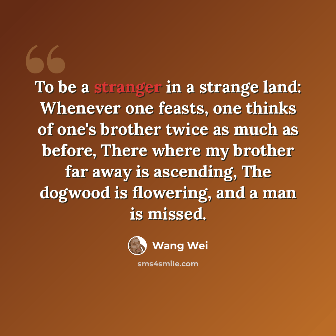 “To be a stranger in a strange land: Whenever one feasts, one thinks of one's brother twice as much as before, There where my brother far away is ascending, The dogwood is flowering, and a man is missed.” quote by Wang Wei