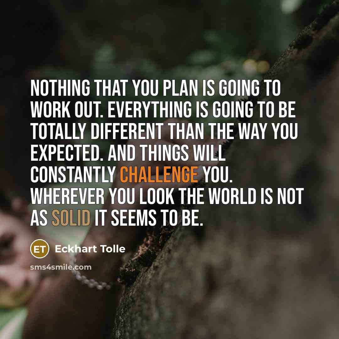 “Nothing that you plan is going to work out. Everything is going to be totally different than the way you expected. And things will constantly challenge you. Wherever you look the world is not as solid it seems to be.” quote by Eckhart Tolle
