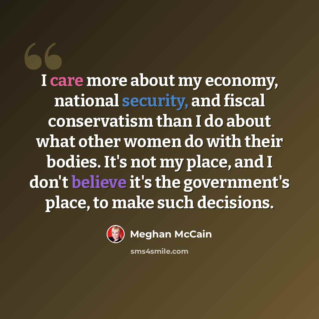 “I care more about my economy, national security, and fiscal conservatism than I do about what other women do with their bodies. It's not my place, and I don't believe it's the government's place, to make such decisions.” quote by Meghan McCain