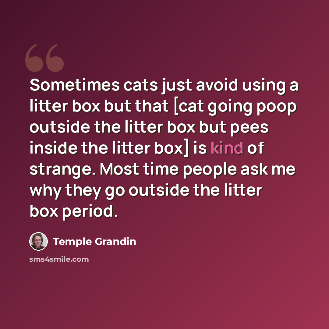 “Sometimes cats just avoid using a litter box but that [cat going poop outside the litter box but pees inside the litter box] is kind of strange. Most time people ask me why they go outside the litter box period.” quote by Temple Grandin