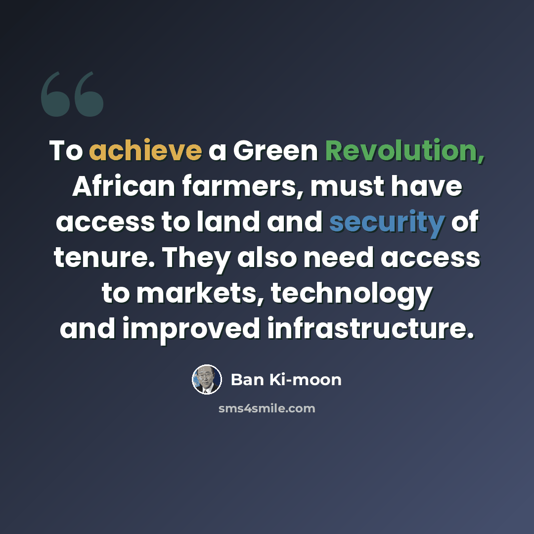 “To achieve a Green Revolution, African farmers, must have access to land and security of tenure. They also need access to markets, technology and improved infrastructure.” quote by Ban Ki-moon