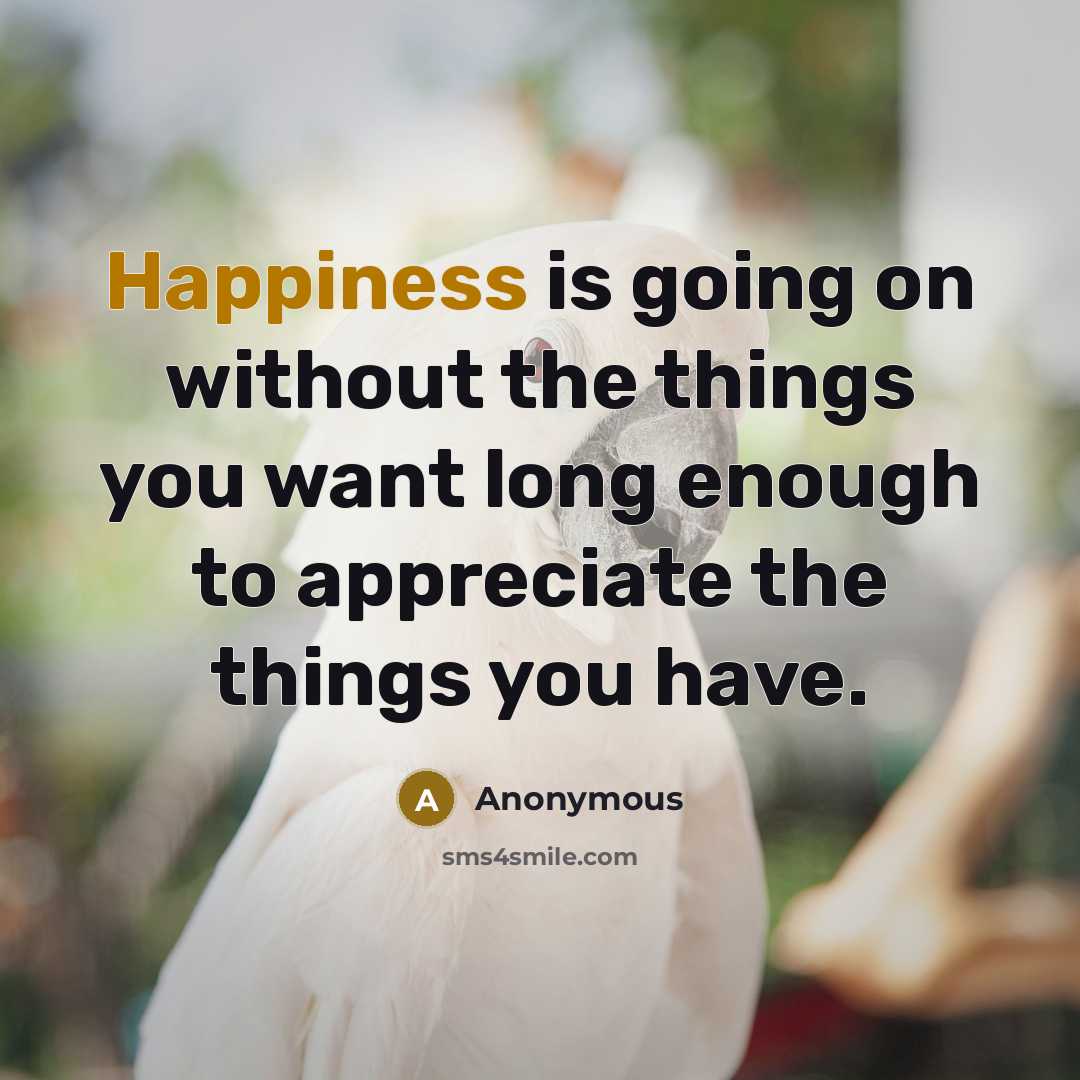 “Happiness is going on without the things you want long enough to appreciate the things you have.” quote by Anonymous