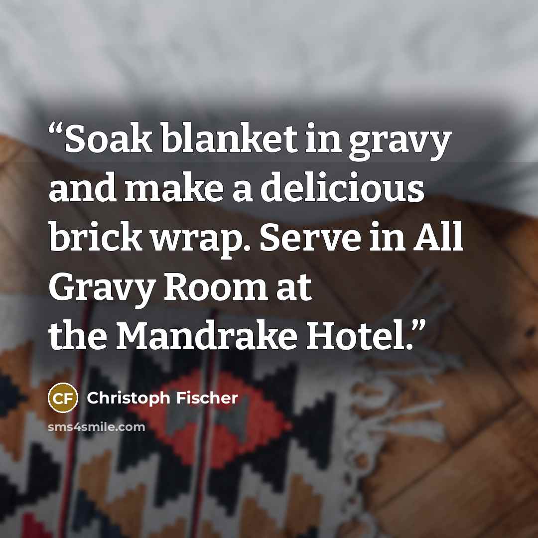 “Soak blanket in gravy and make a delicious brick wrap. Serve in All Gravy Room at the Mandrake Hotel.” quote by Christoph Fischer