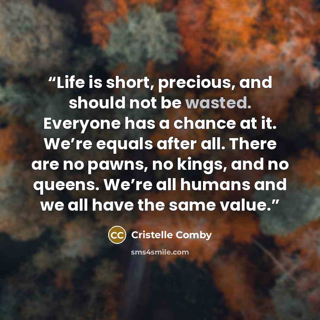 “Life is short, precious, and should not be wasted. Everyone has a chance at it. We’re equals after all. There are no pawns, no kings, and no queens. We’re all humans and we all have the same value.” quote by Cristelle Comby