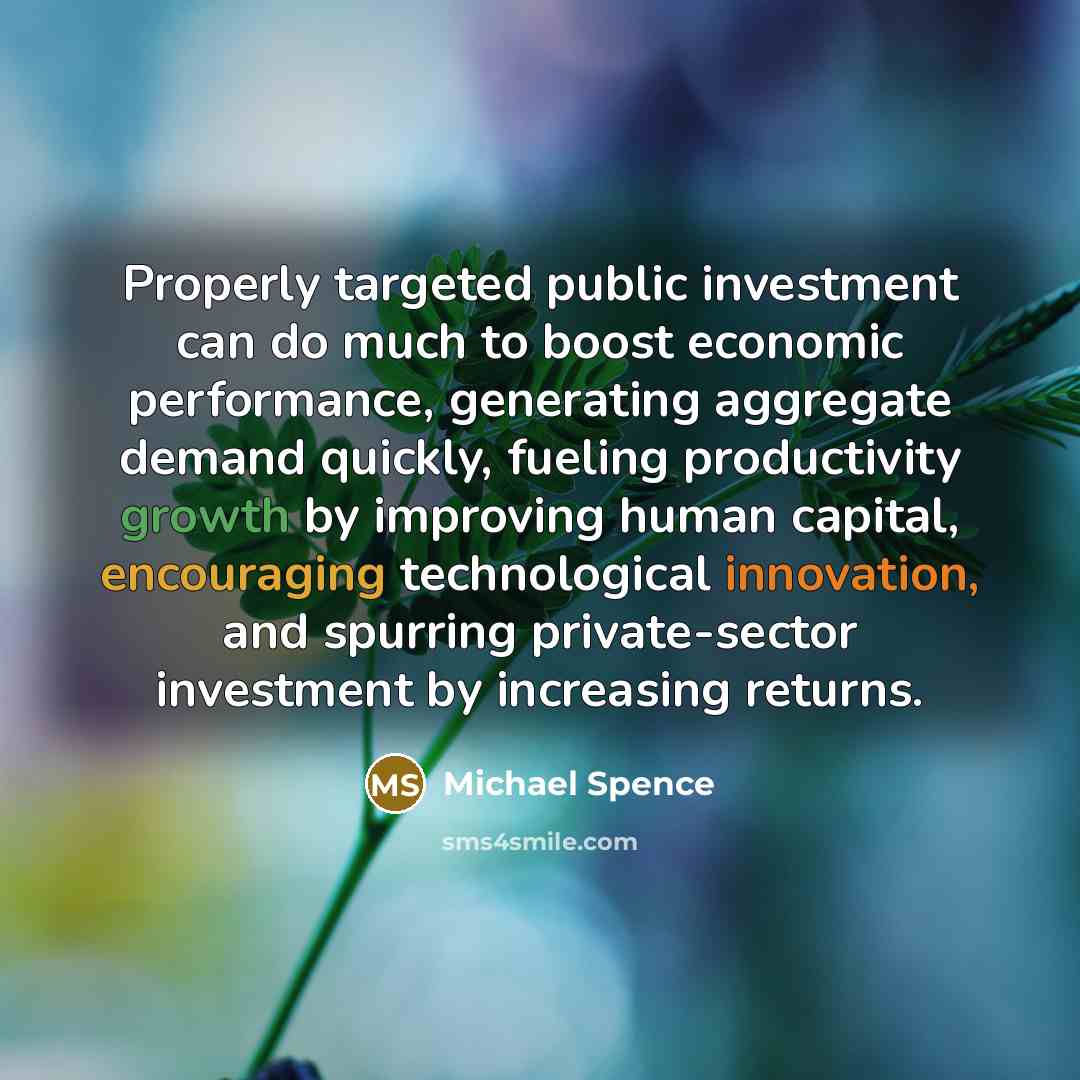 “Properly targeted public investment can do much to boost economic performance, generating aggregate demand quickly, fueling productivity growth by improving human capital, encouraging technological innovation, and spurring private-sector investment by increasing returns.” quote by Michael Spence