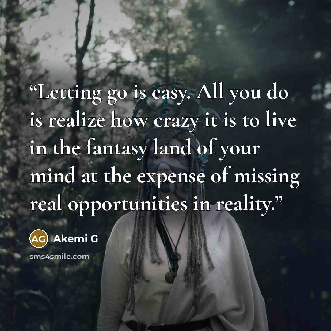 “Letting go is easy. All you do is realize how crazy it is to live in the fantasy land of your mind at the expense of missing real opportunities in reality.” quote by Akemi G
