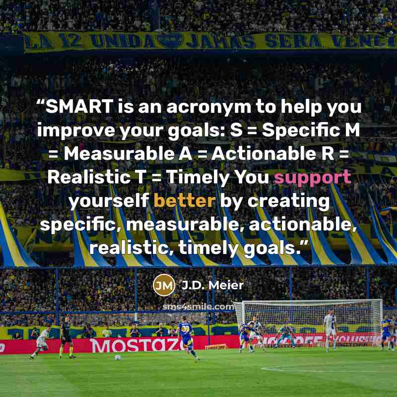 “SMART is an acronym to help you improve your goals: S = Specific M = Measurable A = Actionable R = Realistic T = Timely You support yourself better by creating specific, measurable, actionable, realistic, timely goals.” quote by J.D. Meier
