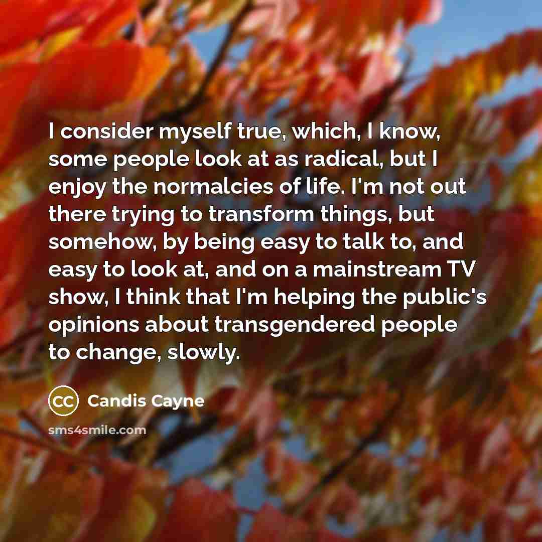 “I consider myself true, which, I know, some people look at as radical, but I enjoy the normalcies of life. I'm not out there trying to transform things, but somehow, by being easy to talk to, and easy to look at, and on a mainstream TV show, I think that I'm helping the public's opinions about…” quote by Candis Cayne