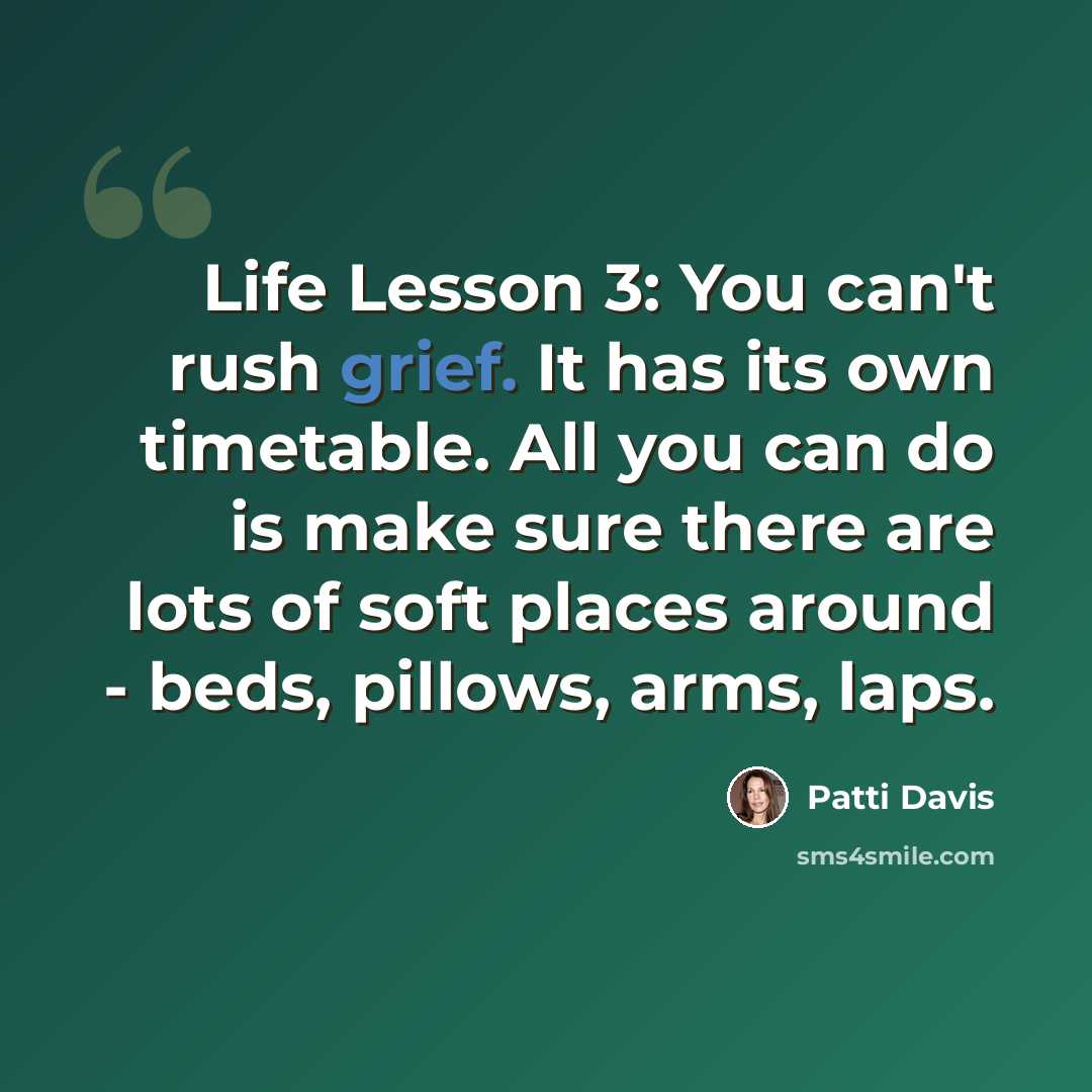 “Life Lesson 3: You can't rush grief. It has its own timetable. All you can do is make sure there are lots of soft places around - beds, pillows, arms, laps.” quote by Patti Davis