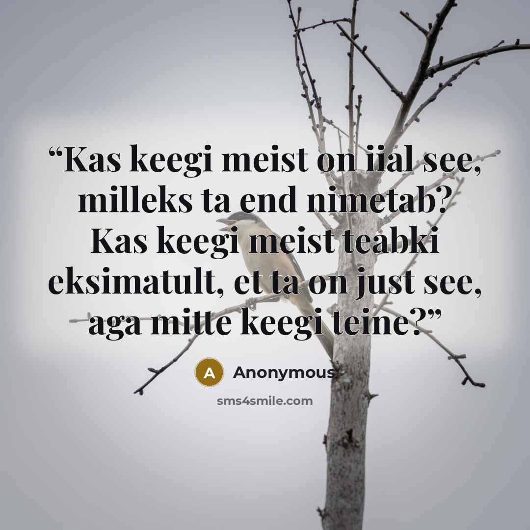 “Kas keegi meist on iial see, milleks ta end nimetab? Kas keegi meist teabki eksimatult, et ta on just see, aga mitte keegi teine?” quote by Anonymous