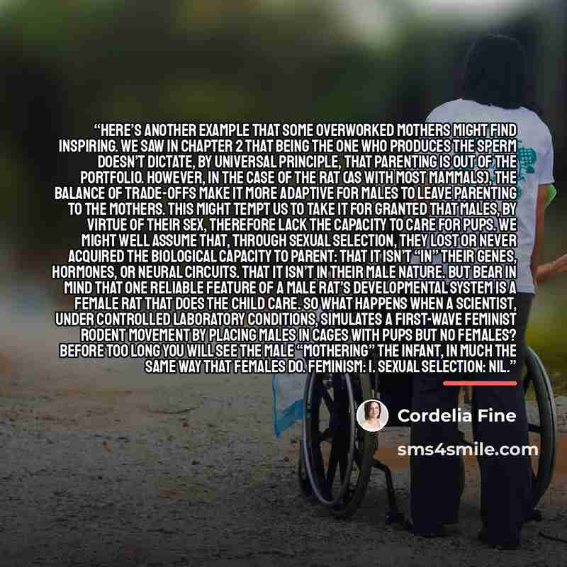 “Here’s another example that some overworked mothers might find inspiring. We saw in Chapter 2 that being the one who produces the sperm doesn’t dictate, by universal principle, that parenting is out of the portfolio. However, in the case of the rat (as with most mammals), the balance of trade-offs…” quote by Cordelia Fine