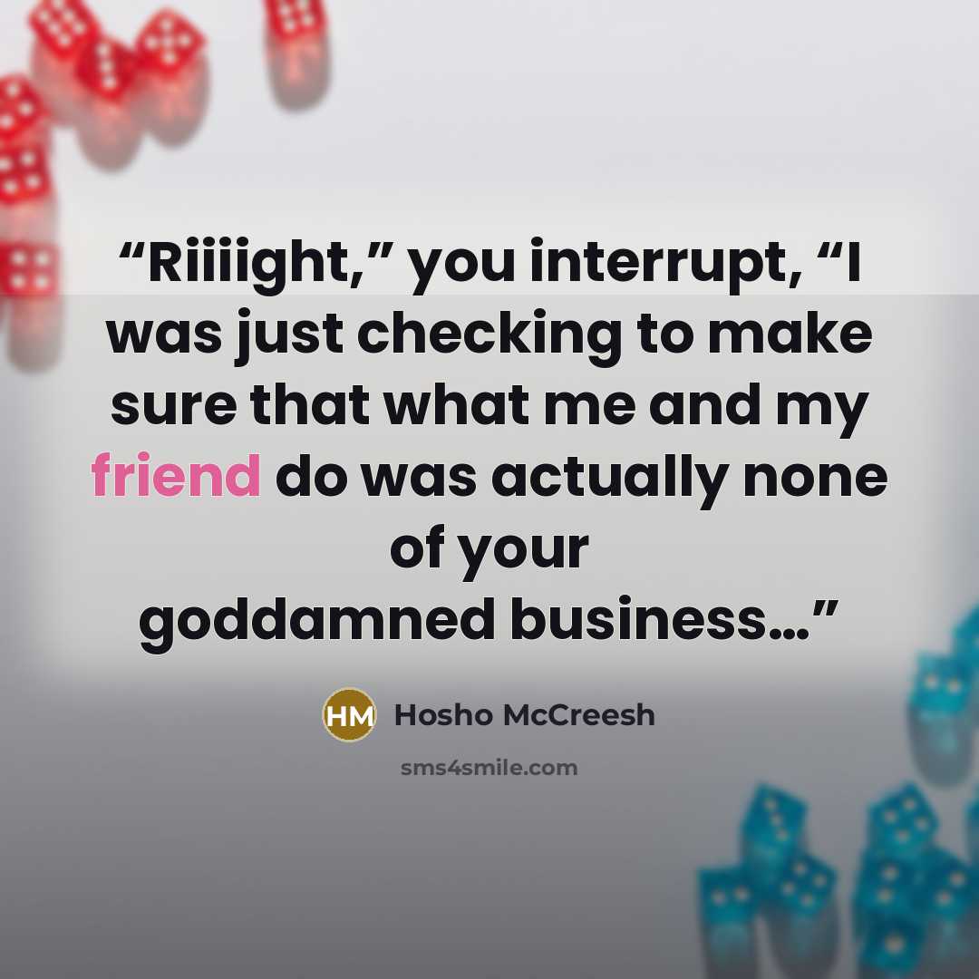 “Riiiight,” you interrupt, “I was just checking to make sure that what me and my friend do was actually none of your goddamned business…” quote by Hosho McCreesh