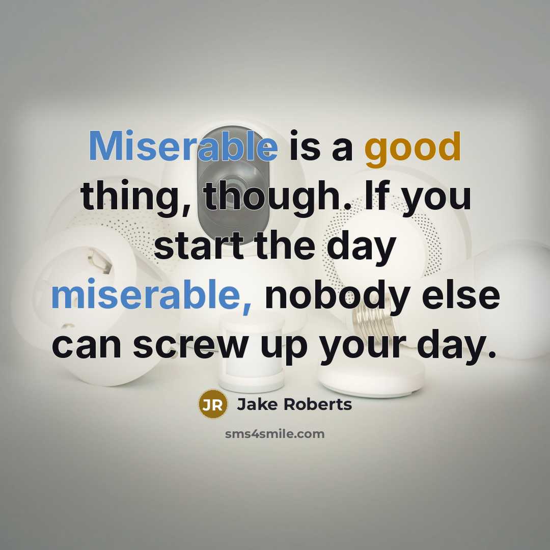 “Miserable is a good thing, though. If you start the day miserable, nobody else can screw up your day.” quote by Jake Roberts