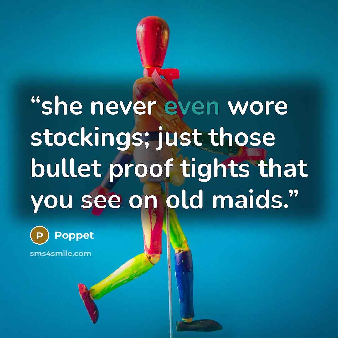 “she never even wore stockings; just those bullet proof tights that you see on old maids.” quote by Poppet