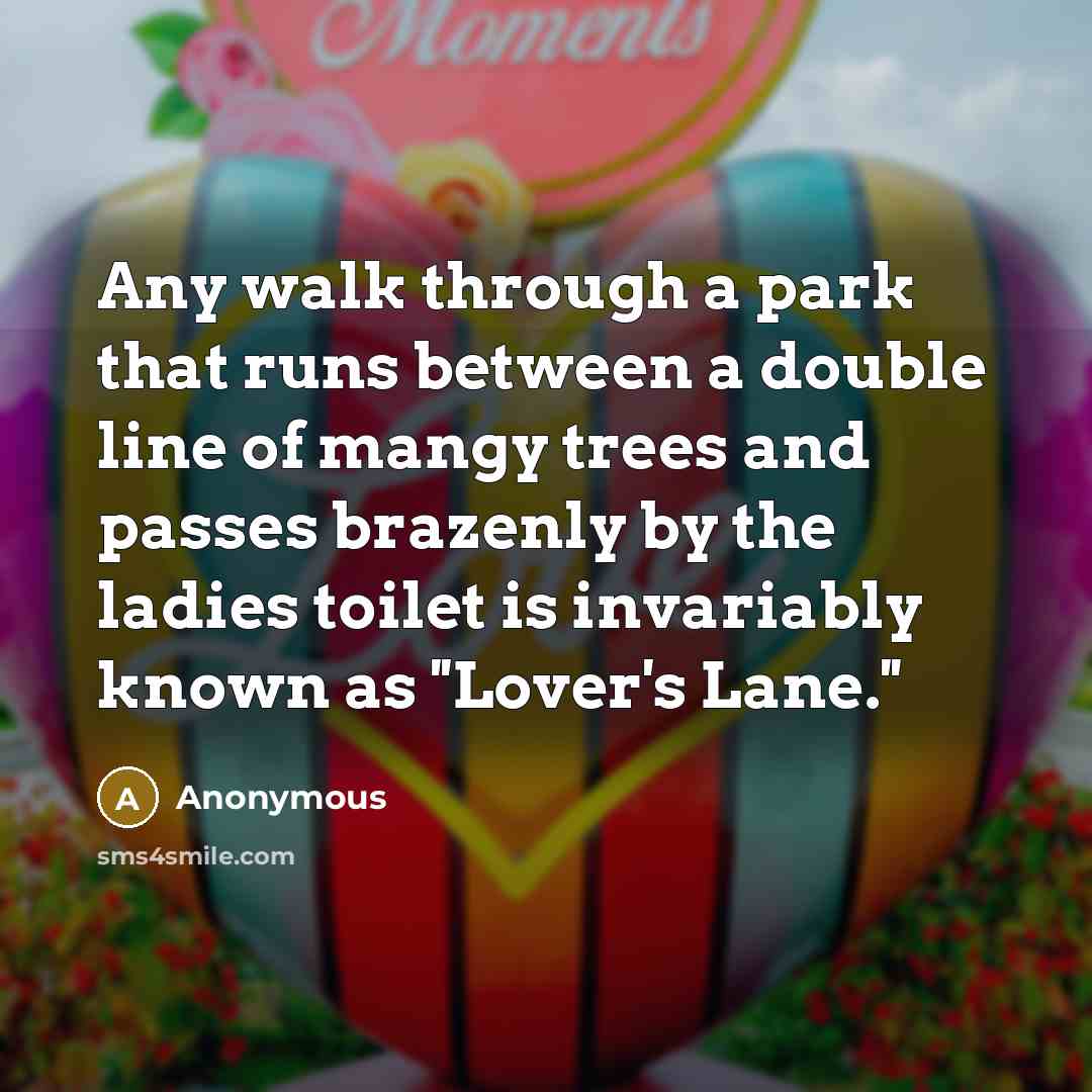 “Any walk through a park that runs between a double line of mangy trees and passes brazenly by the ladies toilet is invariably known as ''Lover's Lane.''” quote by Anonymous