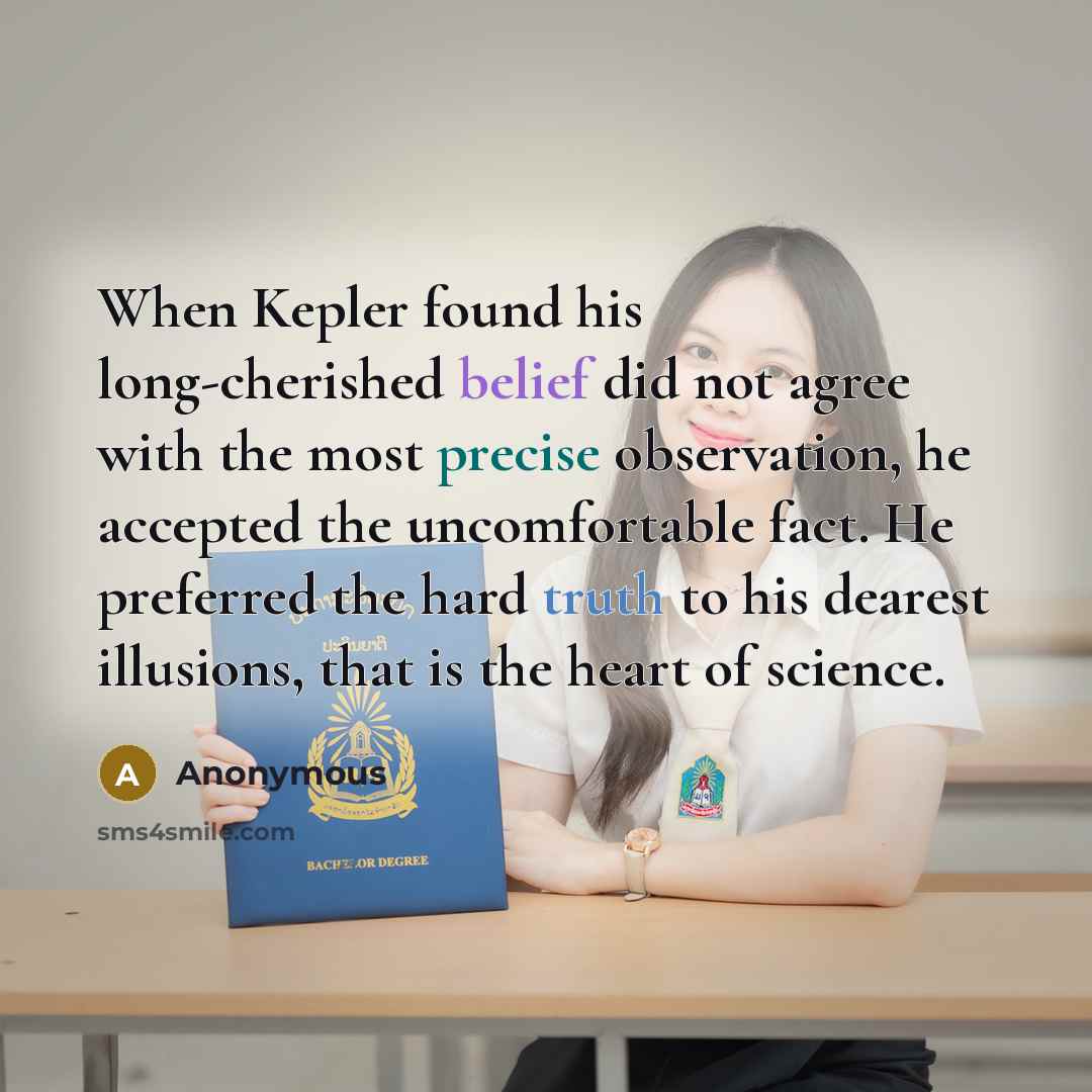“When Kepler found his long-cherished belief did not agree with the most precise observation, he accepted the uncomfortable fact. He preferred the hard truth to his dearest illusions, that is the heart of science.” quote by Anonymous