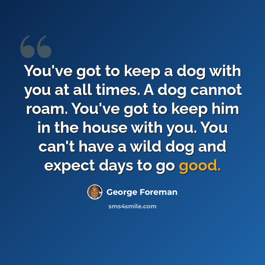“You've got to keep a dog with you at all times. A dog cannot roam. You've got to keep him in the house with you. You can't have a wild dog and expect days to go good.” quote by George Foreman