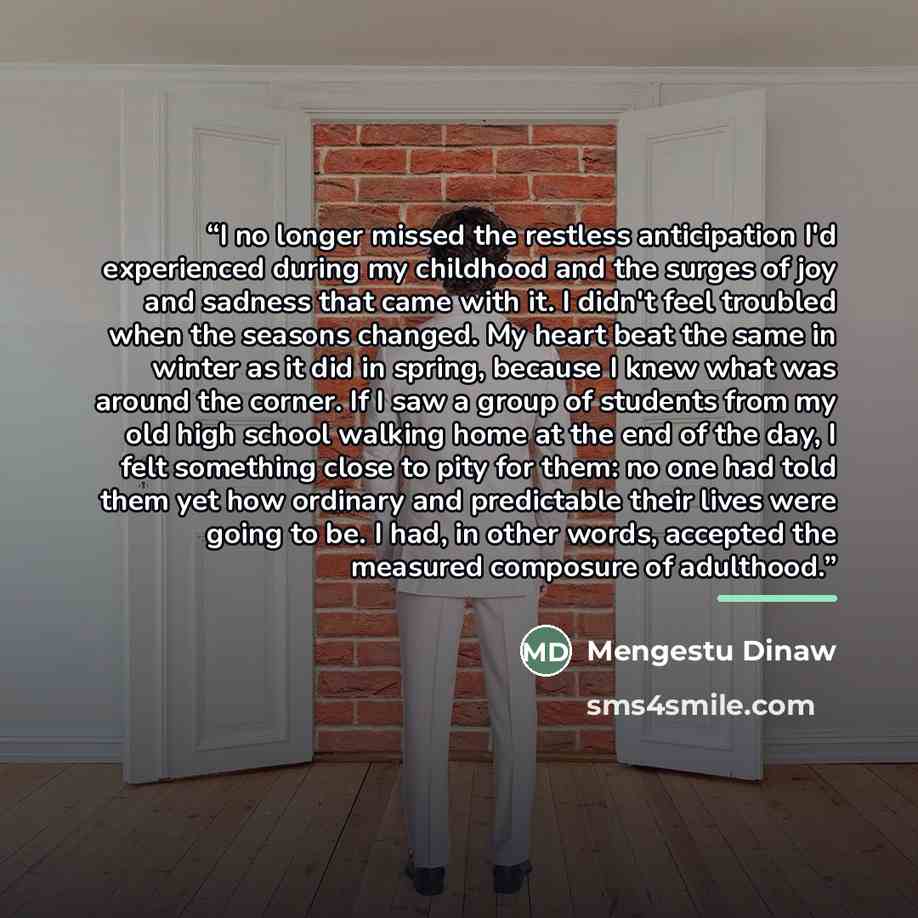 “I no longer missed the restless anticipation I'd experienced during my childhood and the surges of joy and sadness that came with it. I didn't feel troubled when the seasons changed. My heart beat the same in winter as it did in spring, because I knew what was around the corner. If I saw a group…” quote by Mengestu Dinaw