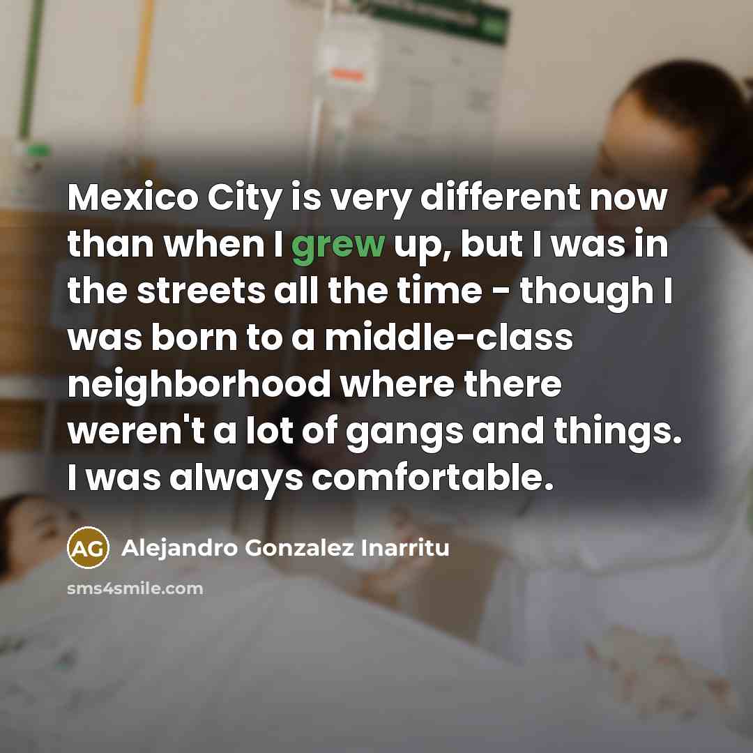 “Mexico City is very different now than when I grew up, but I was in the streets all the time - though I was born to a middle-class neighborhood where there weren't a lot of gangs and things. I was always comfortable.” quote by Alejandro Gonzalez Inarritu