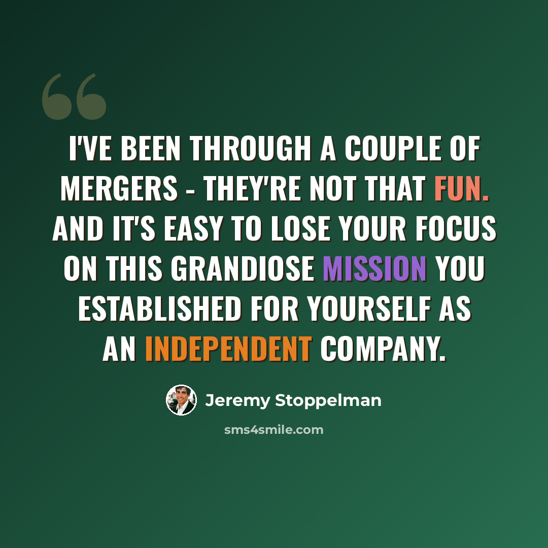 “I've been through a couple of mergers - they're not that fun. And it's easy to lose your focus on this grandiose mission you established for yourself as an independent company.” quote by Jeremy Stoppelman