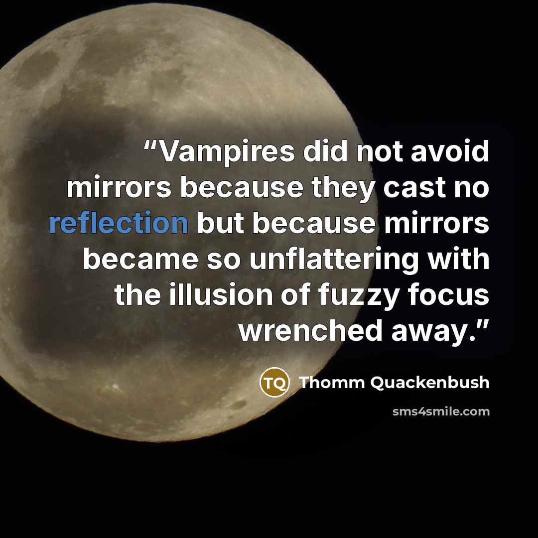 “Vampires did not avoid mirrors because they cast no reflection but because mirrors became so unflattering with the illusion of fuzzy focus wrenched away.” quote by Thomm Quackenbush