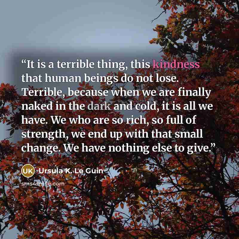 “It is a terrible thing, this kindness that human beings do not lose. Terrible, because when we are finally naked in the dark and cold, it is all we have. We who are so rich, so full of strength, we end up with that small change. We have nothing else to give.” quote by Ursula K. Le Guin