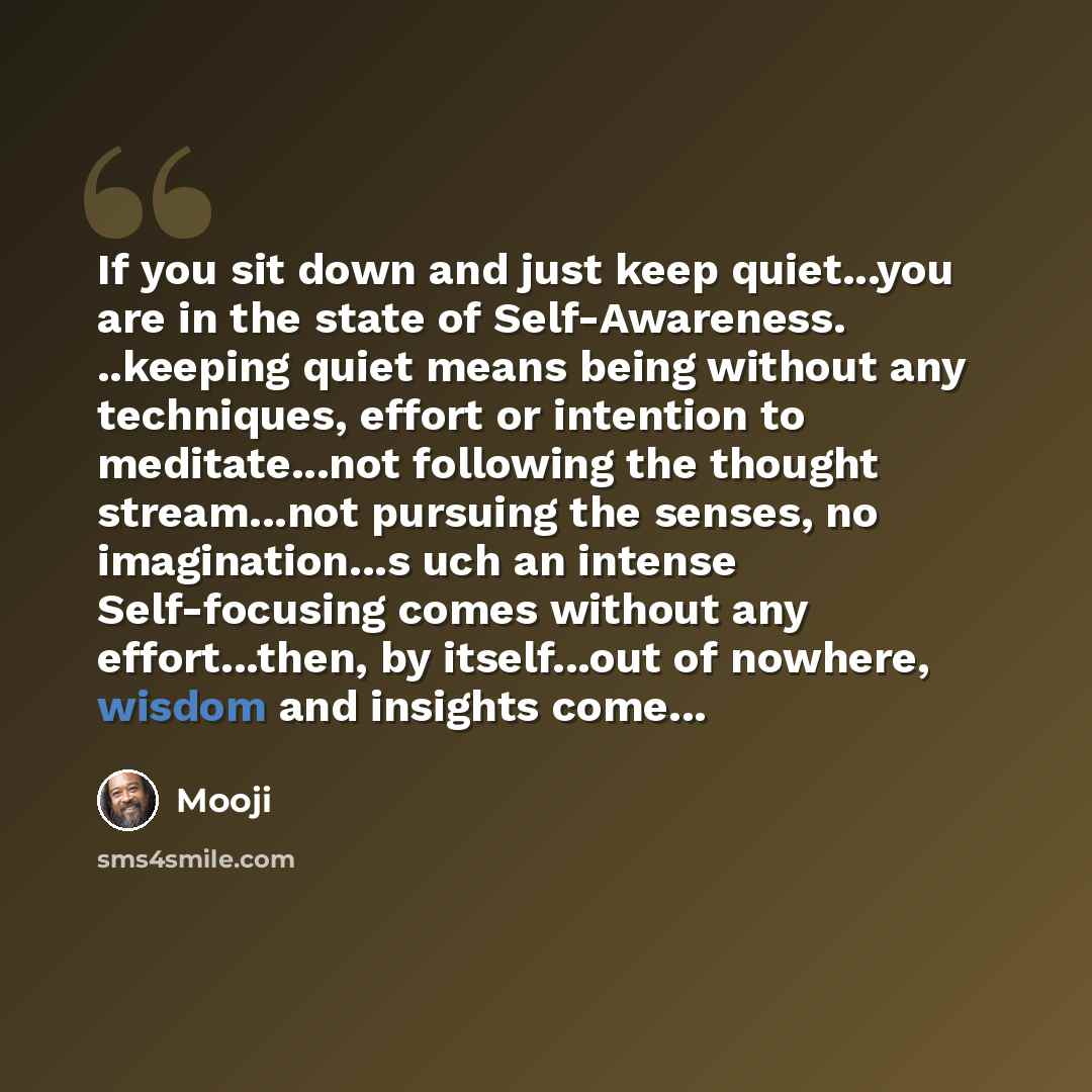 “If you sit down and just keep quiet...you are in the state of Self-Awareness. ..keeping quiet means being without any techniques, effort or intention to meditate...not following the thought stream...not pursuing the senses, no imagination...s uch an intense Self-focusing comes without any…” quote by Mooji