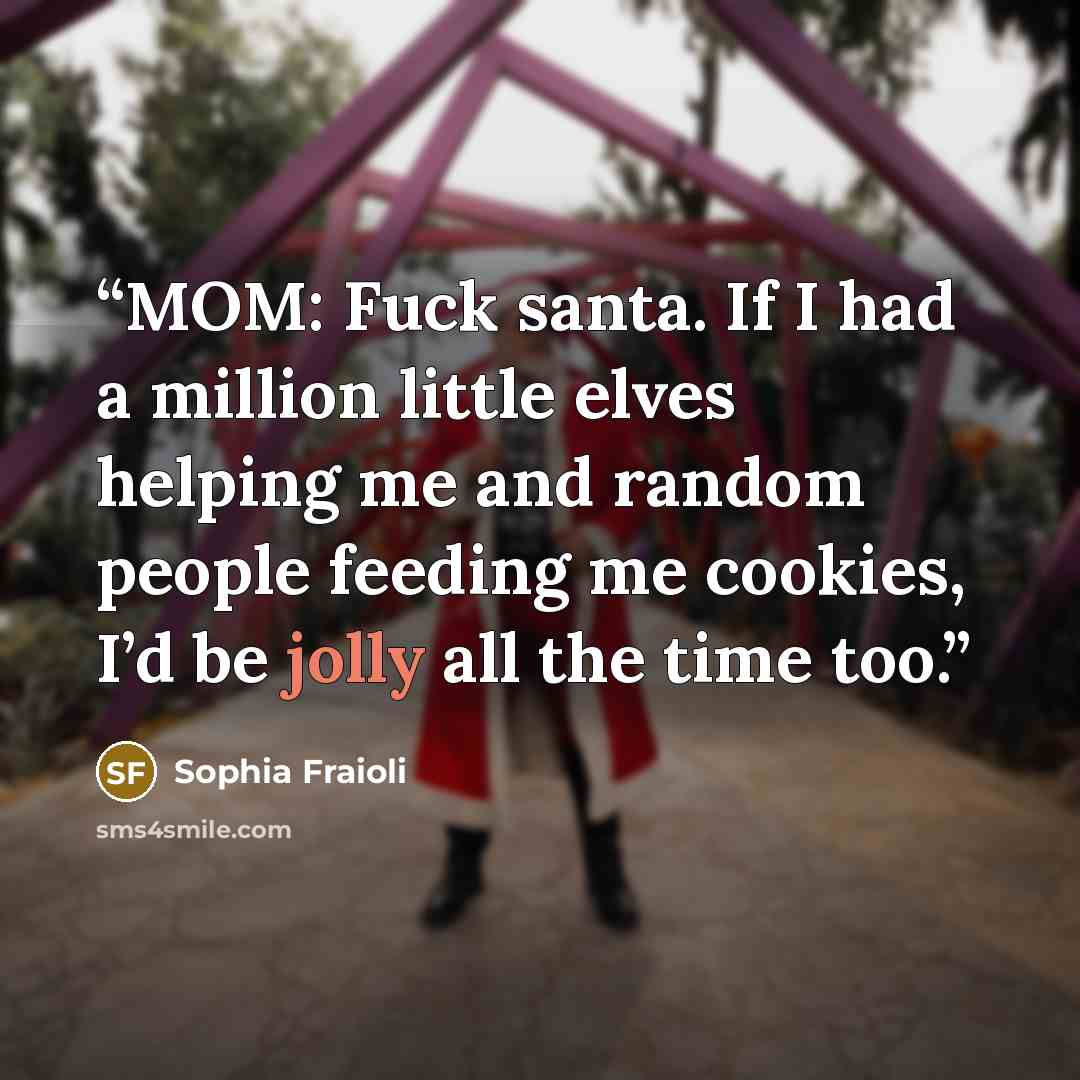 “MOM: Fuck santa. If I had a million little elves helping me and random people feeding me cookies, I’d be jolly all the time too.” quote by Sophia Fraioli