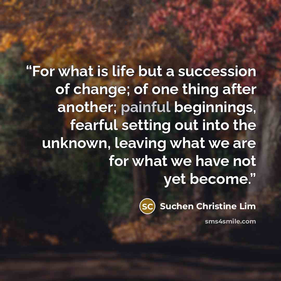 “For what is life but a succession of change; of one thing after another; painful beginnings, fearful setting out into the unknown, leaving what we are for what we have not yet become.” quote by Suchen Christine Lim