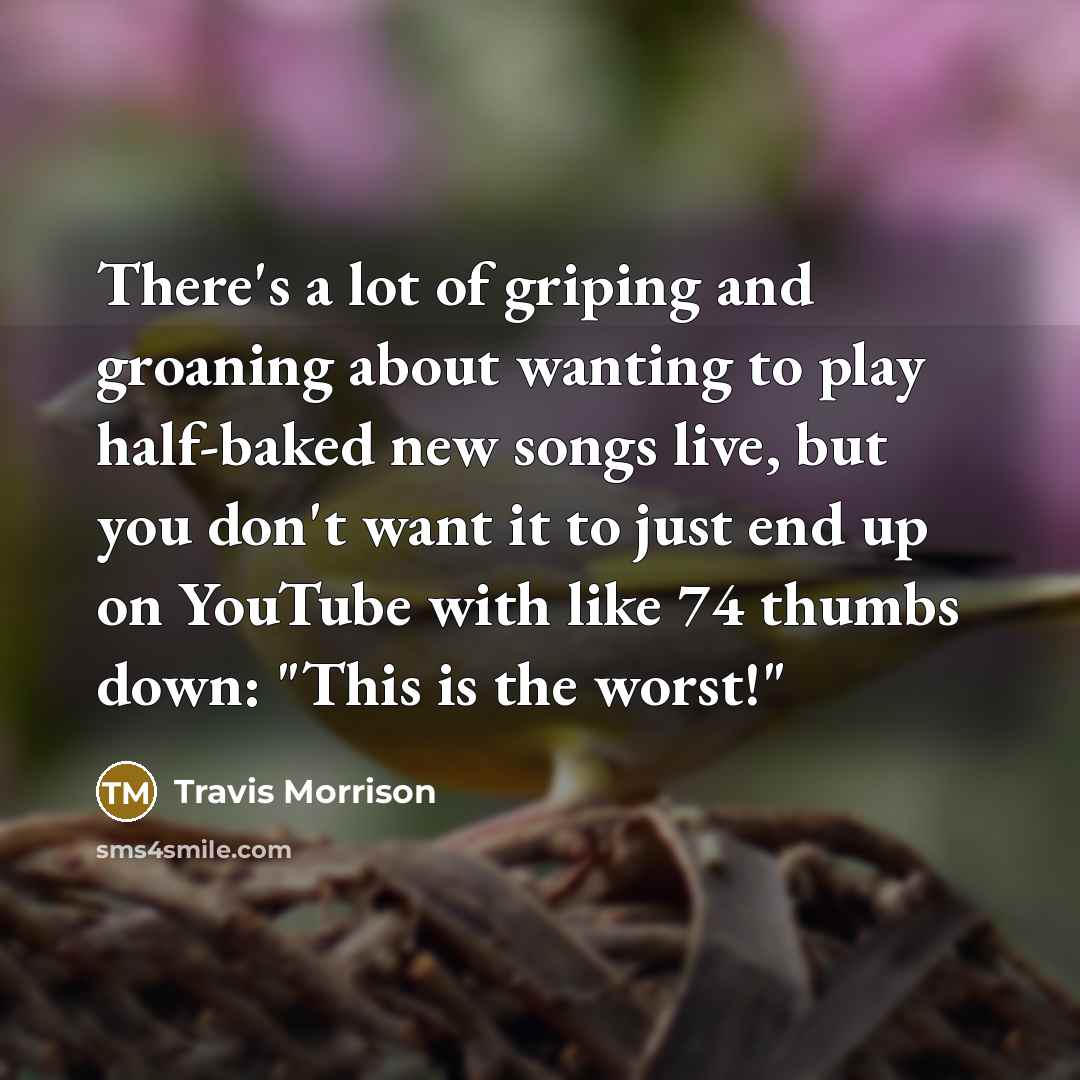 “There's a lot of griping and groaning about wanting to play half-baked new songs live, but you don't want it to just end up on YouTube with like 74 thumbs down: "This is the worst!"” quote by Travis Morrison