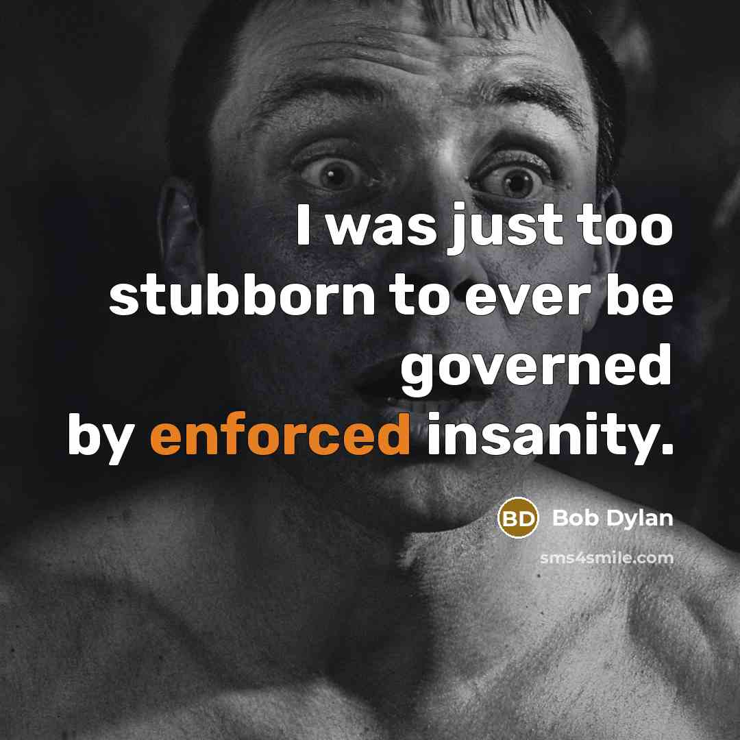 “I was just too stubborn to ever be governed by enforced insanity.” quote by Bob Dylan