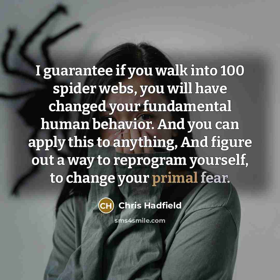 “I guarantee if you walk into 100 spider webs, you will have changed your fundamental human behavior. And you can apply this to anything, And figure out a way to reprogram yourself, to change your primal fear.” quote by Chris Hadfield
