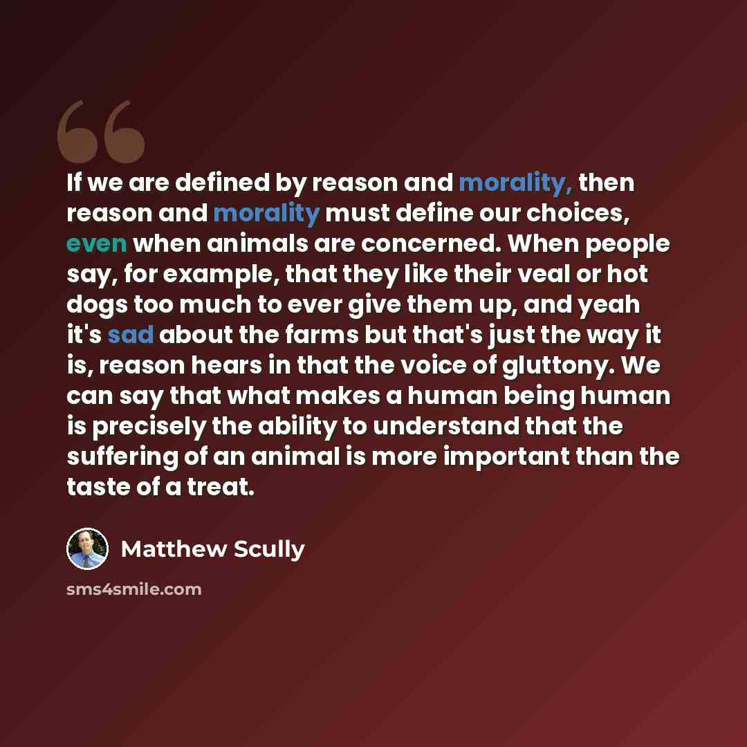 “If we are defined by reason and morality, then reason and morality must define our choices, even when animals are concerned. When people say, for example, that they like their veal or hot dogs too much to ever give them up, and yeah it's sad about the farms but that's just the way it is, reason…” quote by Matthew Scully