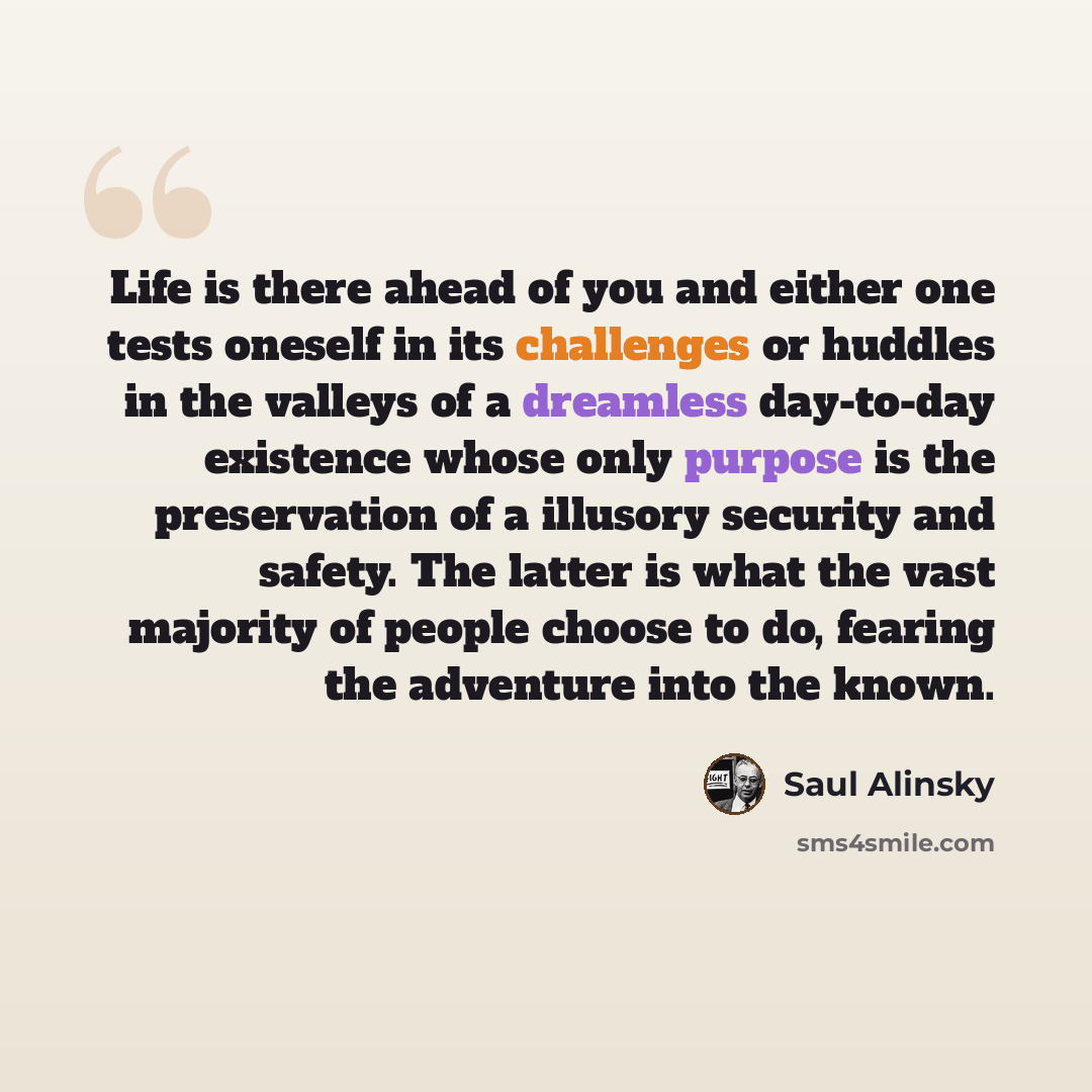 “Life is there ahead of you and either one tests oneself in its challenges or huddles in the valleys of a dreamless day-to-day existence whose only purpose is the preservation of a illusory security and safety. The latter is what the vast majority of people choose to do, fearing the adventure into…” quote by Saul Alinsky